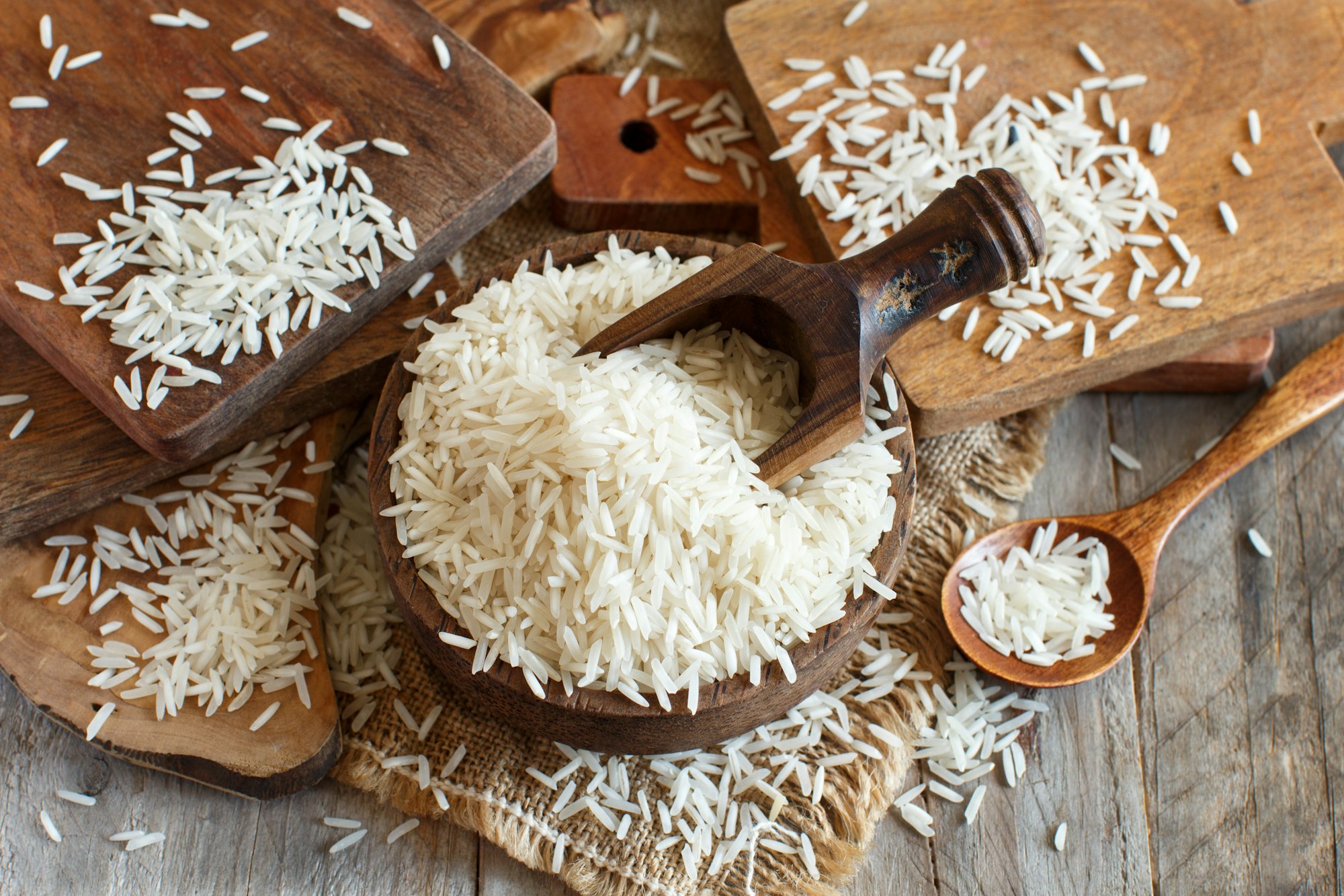 Basmati rice in a bowl with a spoon